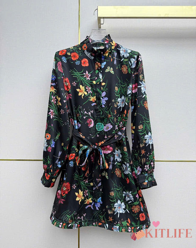 Kitlife Gucci Printed Silk Twill Dress in Multicolor Black - 1