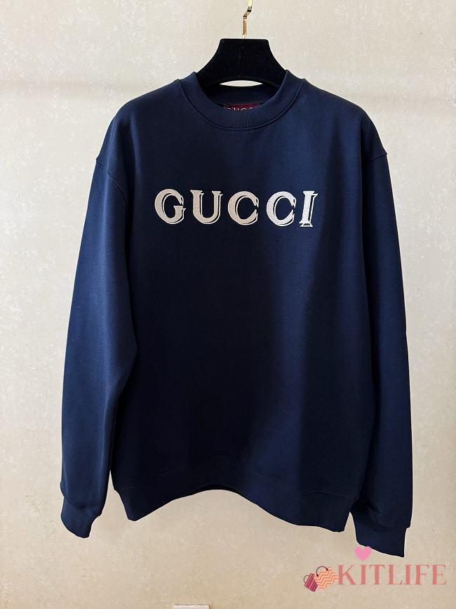 Kitlife Gucci Cotton Jersey Sweatshirt With Embroidery Dark Blue  - 1