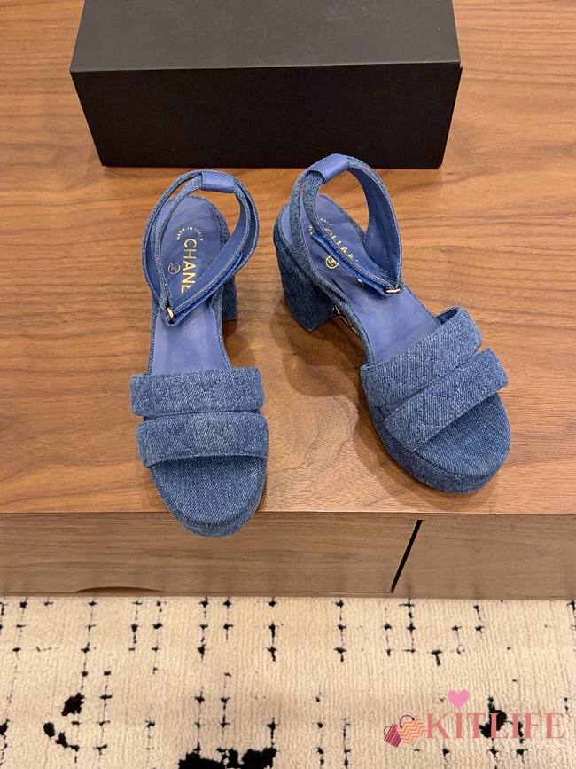 Kitlife Chanel 26 Classic Double C High-Heeled Platform Sandals Blue Denim - 1