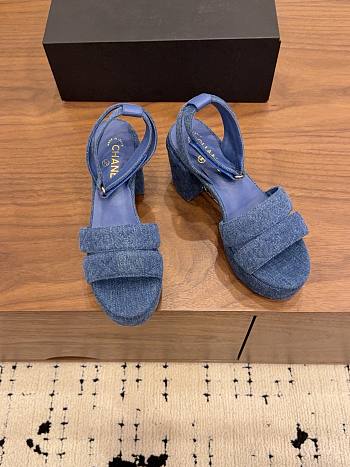 Kitlife Chanel 26 Classic Double C High-Heeled Platform Sandals Blue Denim