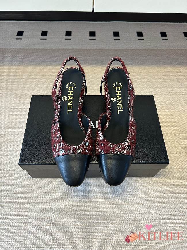 Kitlife Chanel Cap Toe CC Slingback Sandals Burgundy Tweed - 1