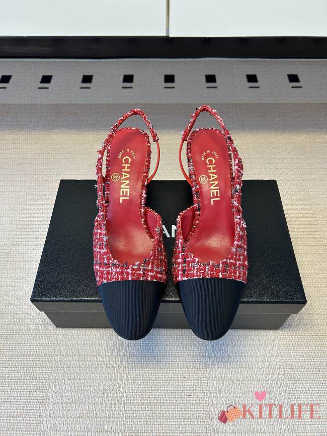 Kitlife Chanel Cap Toe CC Slingback Sandals Red Tweed  - 1