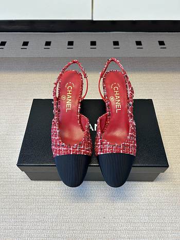 Kitlife Chanel Cap Toe CC Slingback Sandals Red Tweed 