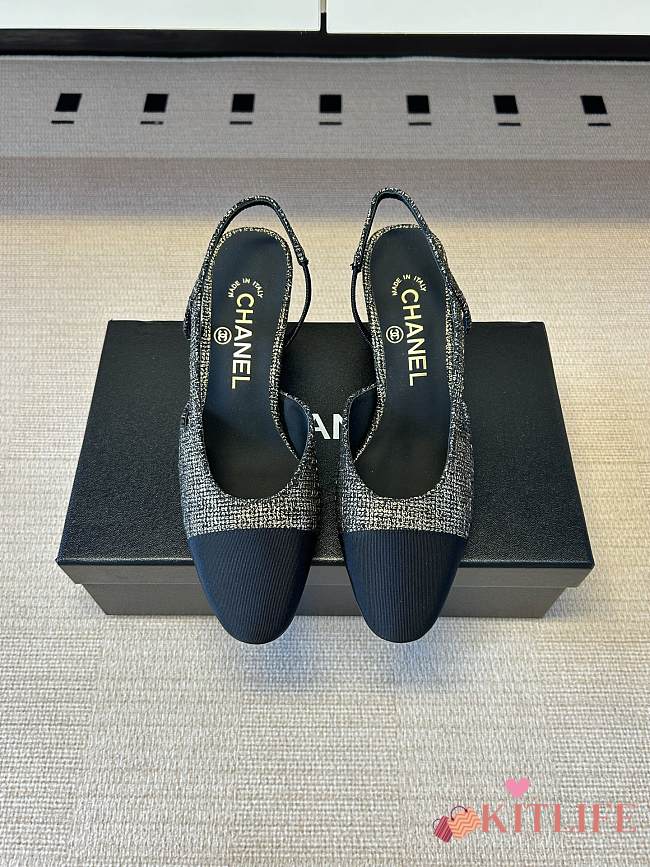 Kitlife Chanel Cap Toe CC Slingback Sandals Black & Gold Tweed - 1