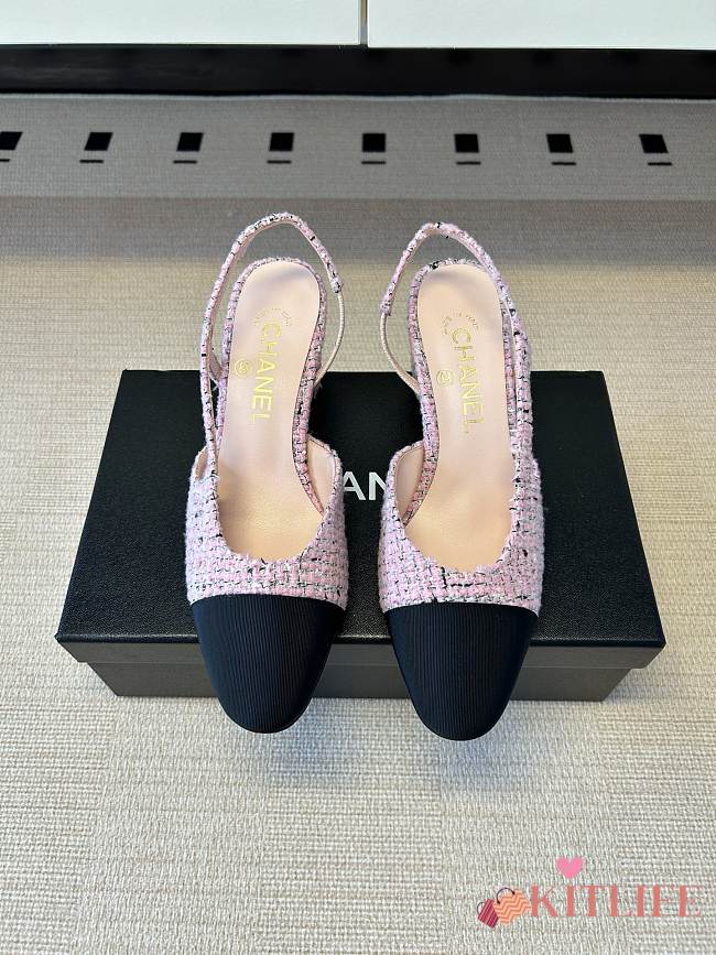 Kitlife Chanel Cap Toe CC Slingback Sandals Pink Tweed  - 1