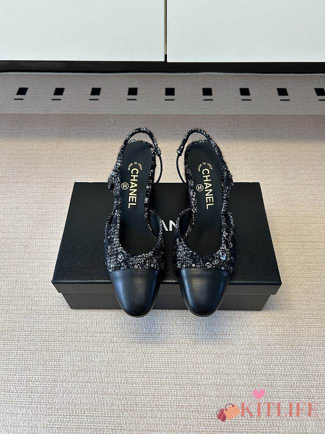 Kitlife Chanel Cap Toe CC Slingback Sandals Black Tweed  - 1
