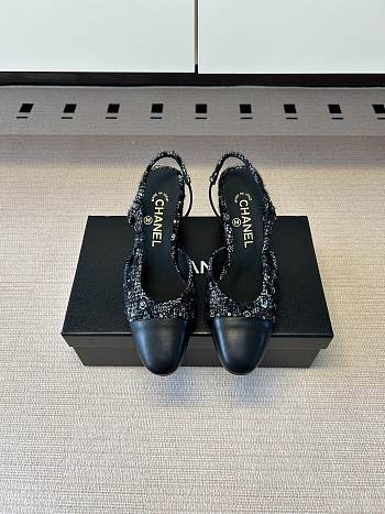 Kitlife Chanel Cap Toe CC Slingback Sandals Black Tweed 