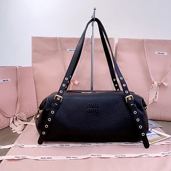 Kitlife Miu Miu Black Leather Eyeleted Tote Bag 37x21x15cm 