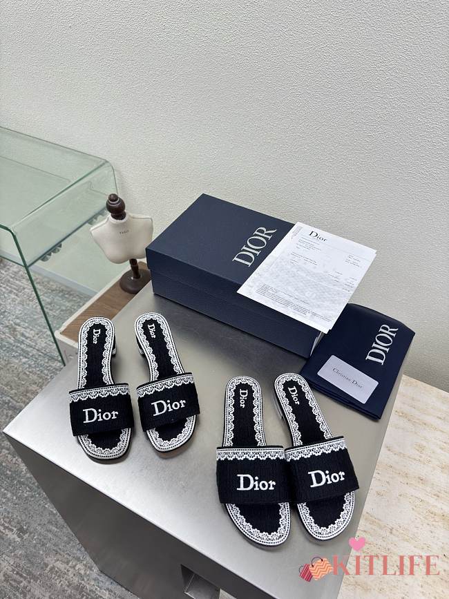 Kitlife Dior Dentelle Heeled Slide Black Dior Oblique Embroidered Cotton and White Lace  - 1