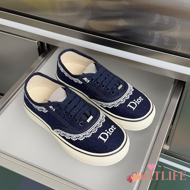 Kitlife Dior Saltwind Sneaker Dark Blue Dior Oblique Embroidered Cotton and White Lace  - 1