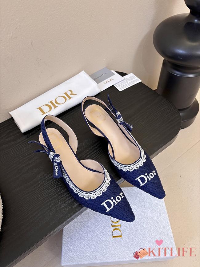 Kitlife Dior J'Adior Slingback Dior Oblique Blue Embroidered Cotton And White Lace - 1