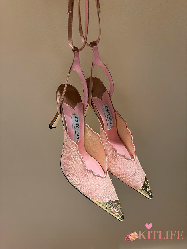 Kitlife Jimmy Choo Lace Pumps Pink With Metal Lace  - 1