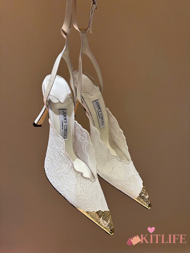 Kitlife Jimmy Choo Lace Pumps White With Metal Lace - 1