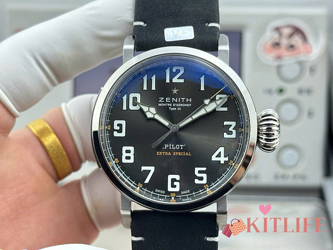 Kitlife Zenith Pilot Men Automatic Watch Black 45mm  - 1