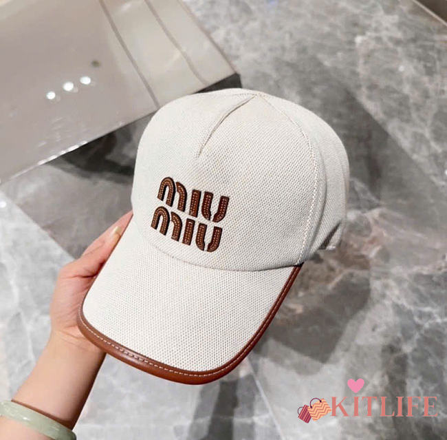 Kitlife Miu Miu Logo Baseball Cap in Cream Canvas & Leather - 1