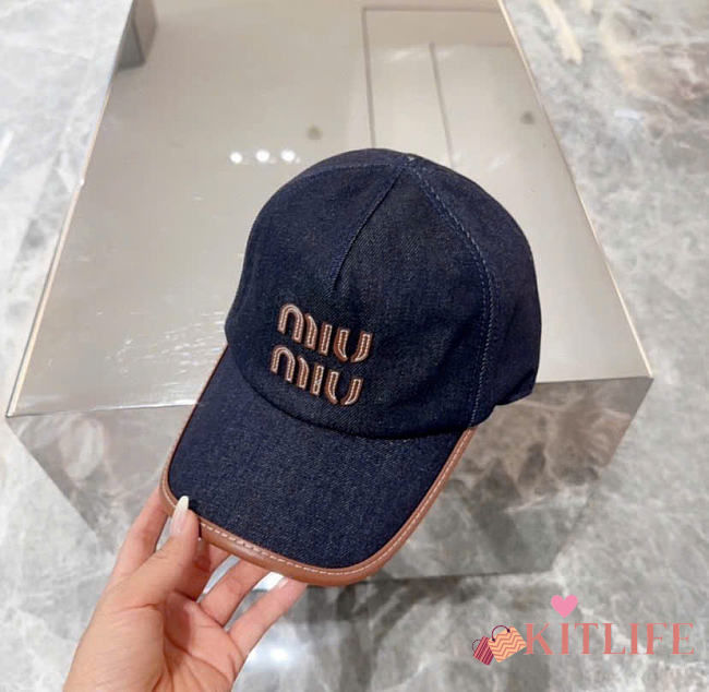 Kitlife Miu Miu Logo Baseball Cap in Dark Blue Canvas & Leather  - 1