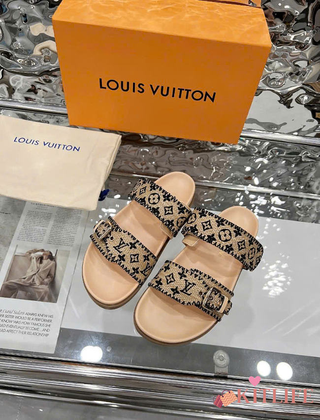 Kitlife Louis Vuitton Bom Dia Flat Comfort Mules Beige & Black Raffia  - 1