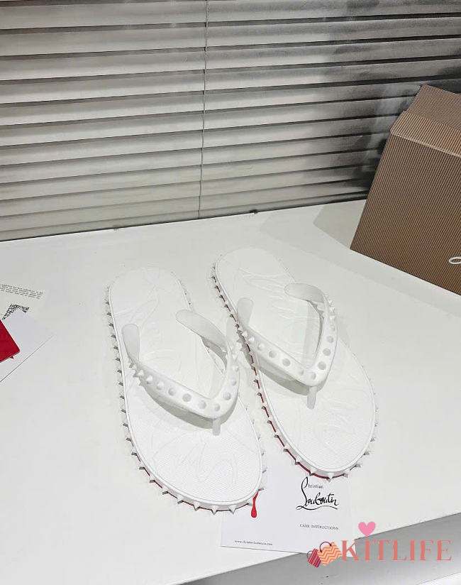 Kitlife Christian Louboutin Super Loubi Flip Spiked Thong Sandals White  - 1