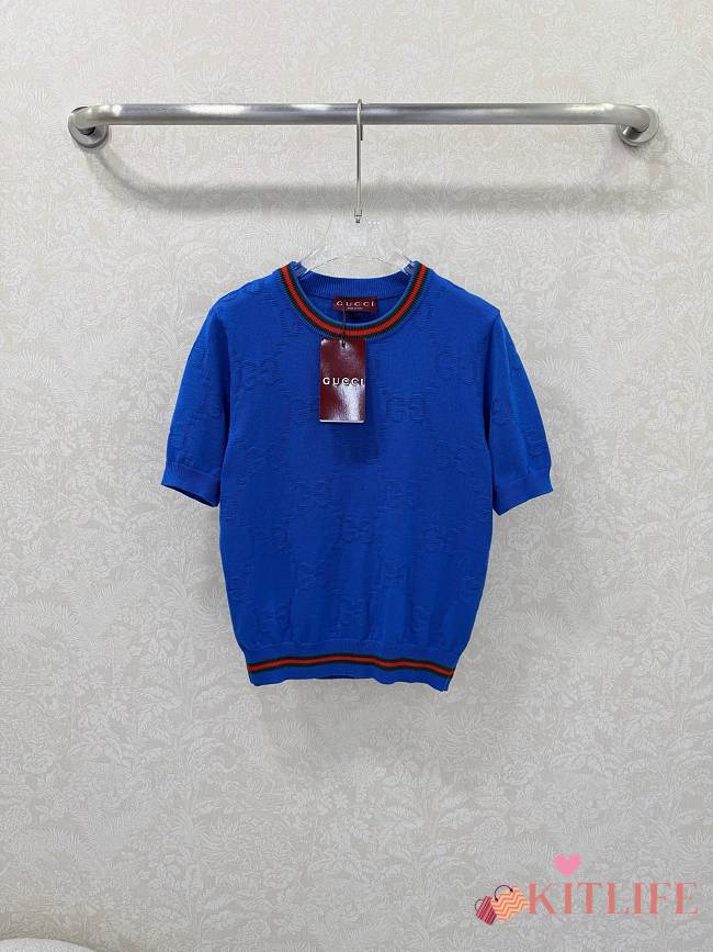 Kitlife Gucci Round Neck Pullover Short Sleeve Knitted Sweater Blue - 1