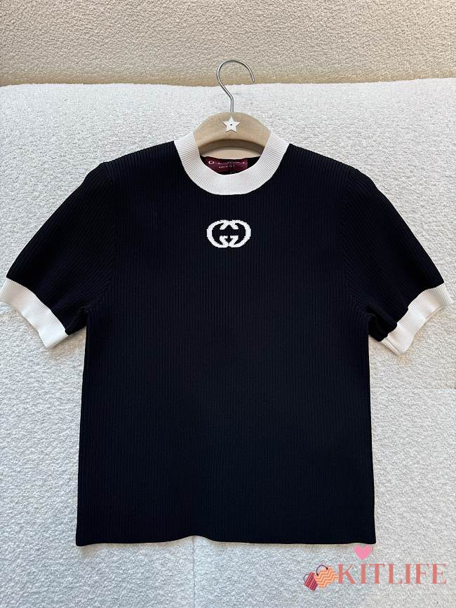 Kitlife Gucci La Famiglia series double-G Knit Short-sleeved Top Black - 1