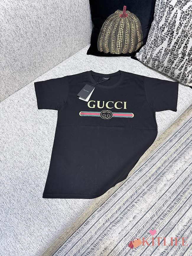 Kitlife Gucci Black Washed Cotton Jersey With Gucci Print T-shirt  - 1