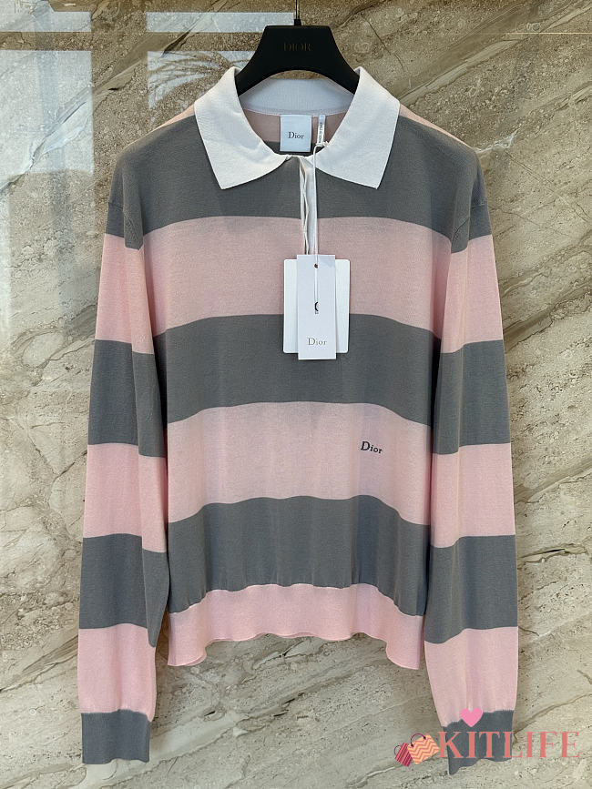 Kitlife Dior Marinière Long-Sleeved Polo Shirt Pink & Gray  - 1