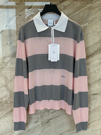 Kitlife Dior Marinière Long-Sleeved Polo Shirt Pink & Gray 