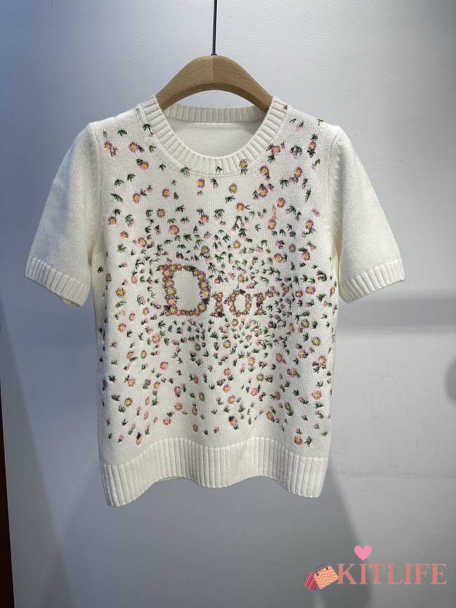 Kitlife Dior Short-Sleeved Embroidered Sweater Multicolor Daisy Garden Cashmere Knit - 1