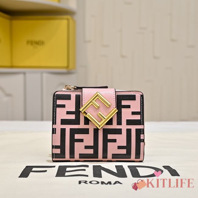 Kitlife Fendi FF Tri-fold Gold-tone Leather Wallet Black & Pink 33202 10x4x8cm - 1