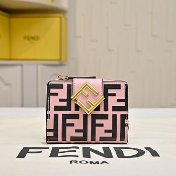 Kitlife Fendi FF Tri-fold Gold-tone Leather Wallet Black & Pink 33202 10x4x8cm