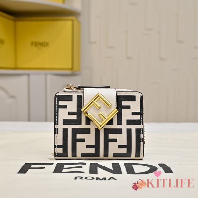 Kitlife Fendi FF Tri-fold Gold-tone Leather Wallet Black & White 33202 10x4x8cm - 1