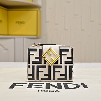 Kitlife Fendi FF Tri-fold Gold-tone Leather Wallet Black & White 33202 10x4x8cm