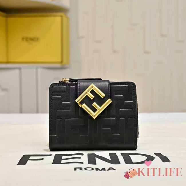 Kitlife Fendi FF Tri-fold Gold-tone Leather Wallet Black 33202 10x4x8cm  - 1