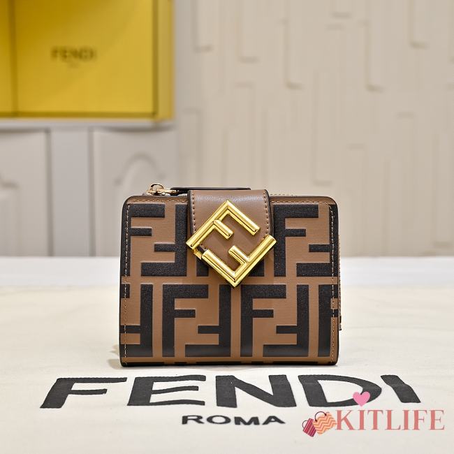 Kitlife Fendi FF Tri-fold Gold-tone Leather Wallet Black & Brown 33202 10x4x8cm  - 1