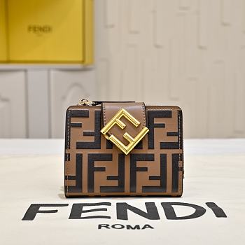 Kitlife Fendi FF Tri-fold Gold-tone Leather Wallet Black & Brown 33202 10x4x8cm 
