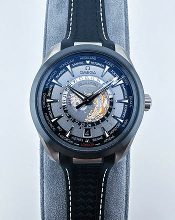 Kitlife Omega Seamaster Aqua Terra 150m Co Axial Master Chronometer GMT Worldtimer 43mm Mens Watch Black Rubber 