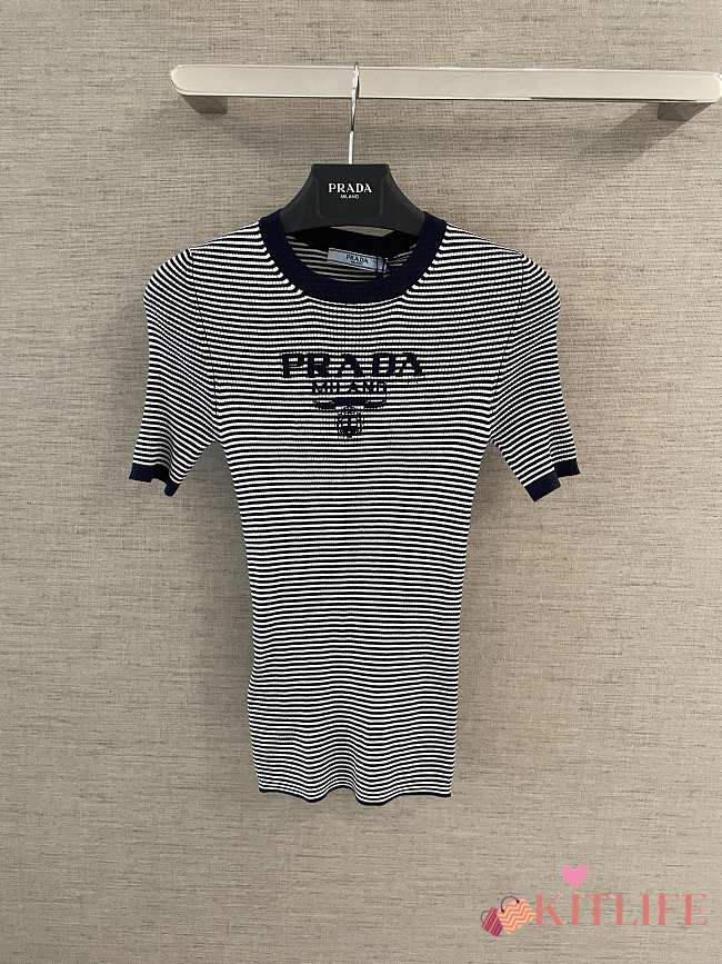 Kitlife Prada Letter Striped Top Dark Blue & White - 1
