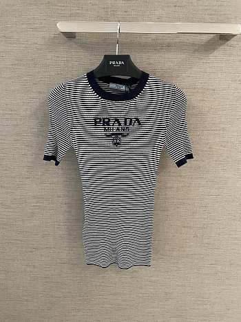 Kitlife Prada Letter Striped Top Dark Blue & White