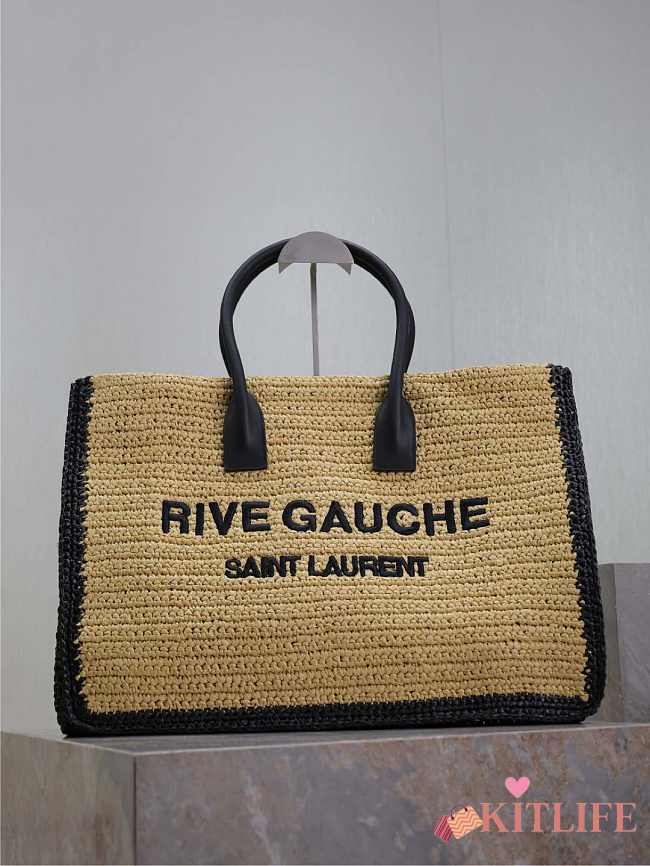Kitlife Saint Laurent Rive Gauche Tote Bag in Beige Raffia Straw Woven 509415 48×36×16cm  - 1