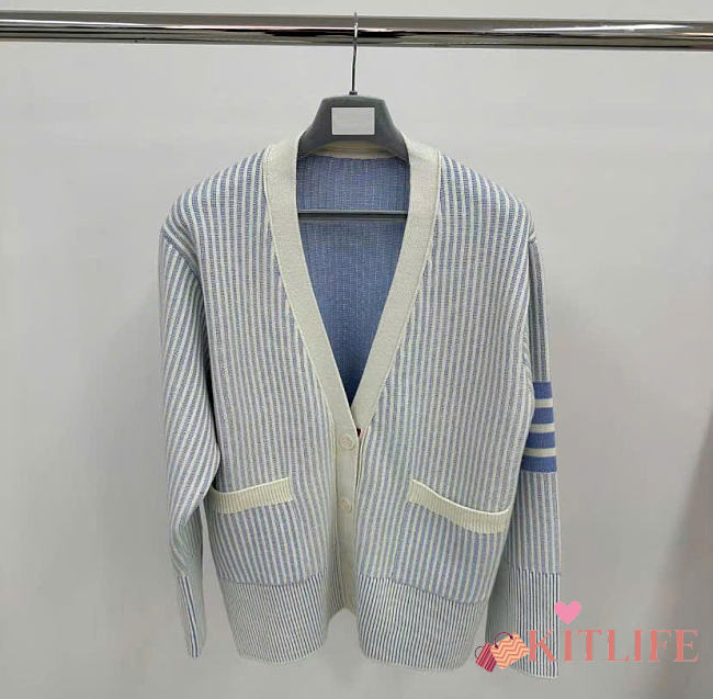 Kitlife Thom Browne Triped Front-pocket Cardigan Blue - 1