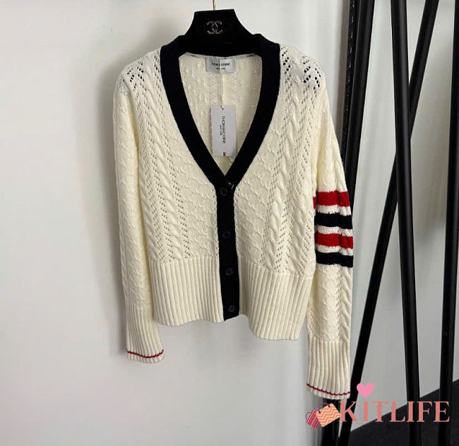 Kitlife Thom Browne Cable Pointelle-stitch Merino-wool 4-Bar Cardigan - 1