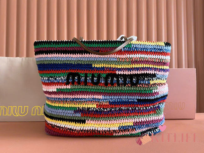 Kitlife Miu Miu Raffia Straw And Cotton Woven Tote Bag Multicolor 5BG228 40x34x16cm  - 1