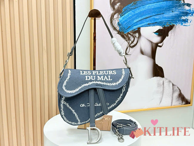 Kitlife Dior Embroidered Saddle Bag Blue 24×16×18cm - 1