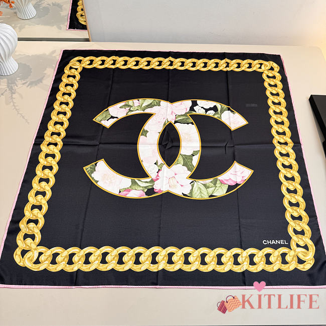 Kitlife Chanel Camellia Double C Scarf Black 90x90cm  - 1