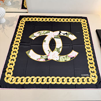 Kitlife Chanel Camellia Double C Scarf Black 90x90cm 