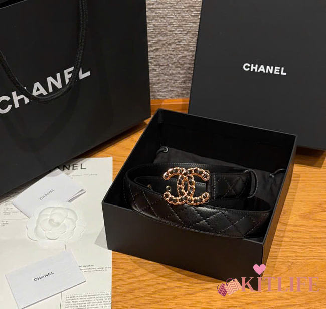 Kitlife Chanel Classic Gold Metal Double C Logo Black Quited Lambskin Belt 30mm - 1