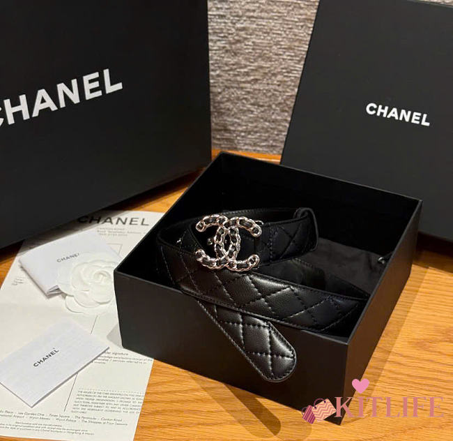 Kitlife Chanel Classic Silver Metal Double C Logo Black Quited Lambskin Belt 30mm  - 1