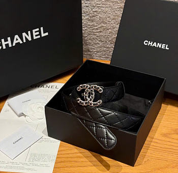 Kitlife Chanel Classic Silver Metal Double C Logo Black Quited Lambskin Belt 30mm 