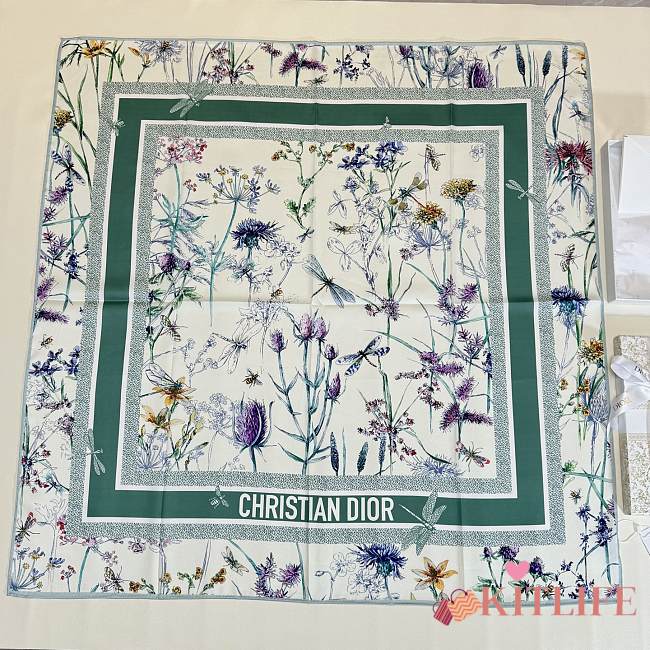 Kitlife Dior Floral Silk Scarf White & Green 90x90cm - 1