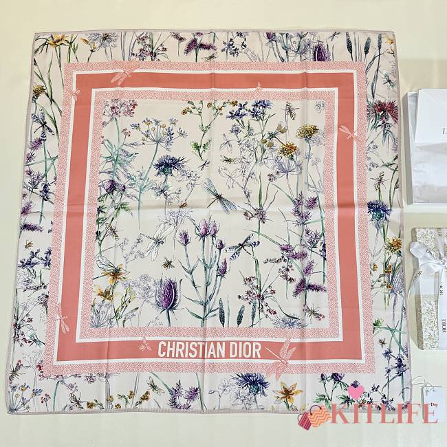 Kitlife Dior Floral Silk Scarf White & Orange 90x90cm  - 1